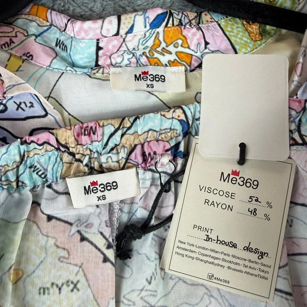 ME369 Mila Lace Button Down Top & Cora Pants Size Map Print XS Matching Set